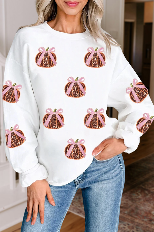 Sequin Bow Pumpkin Patched Graphic Sweatshirt | S-2XL