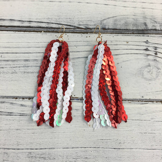 Red and white sequin tassel earrings 