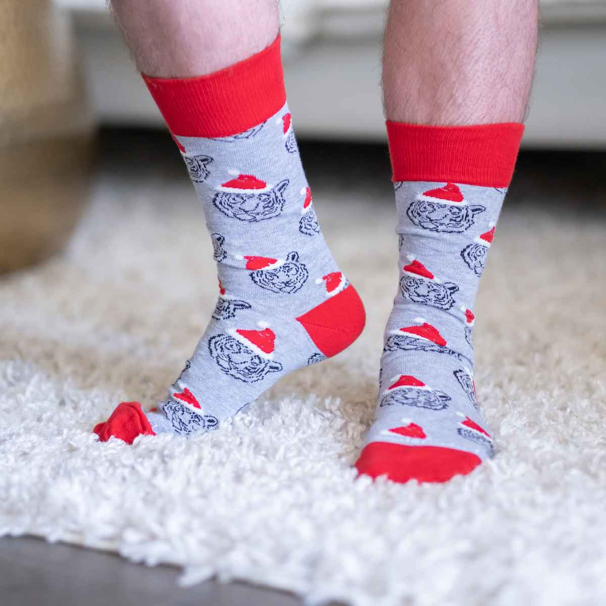 Men's Tiger Santa Socks   Red/Gray/Black   One Size