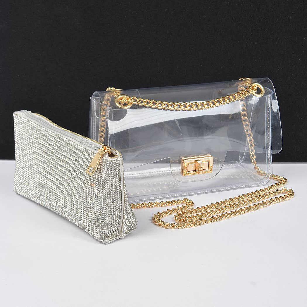 Transparent Crossbody Bag W/Rhinestone Clutch