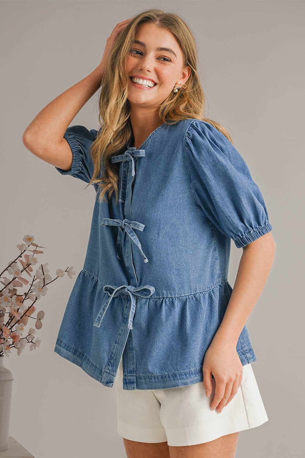 Cute Tied Trim Puff Sleeve Denim Shirt | S-XL