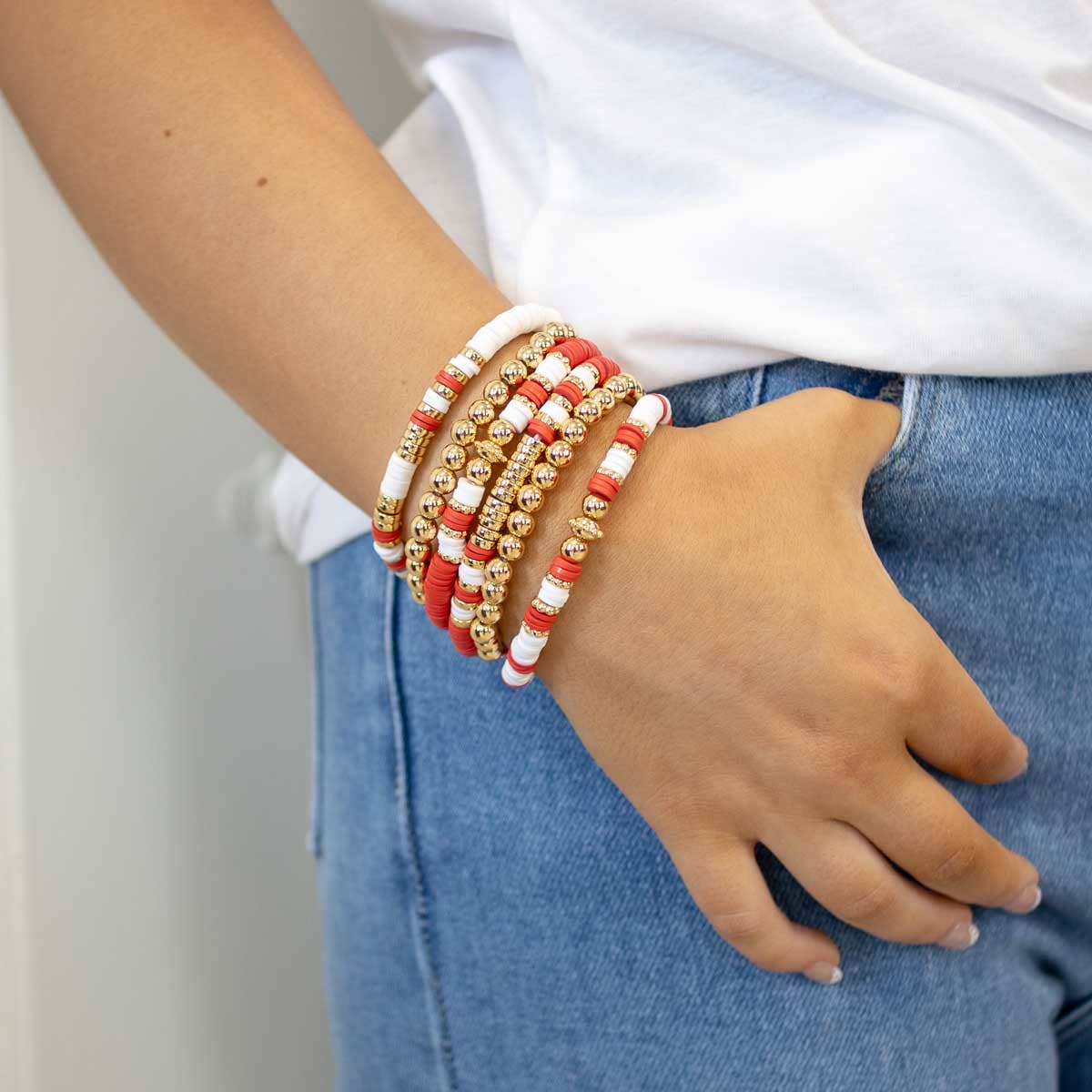 Clay Bead Bracelet Stack   Red/White/Gold   7"