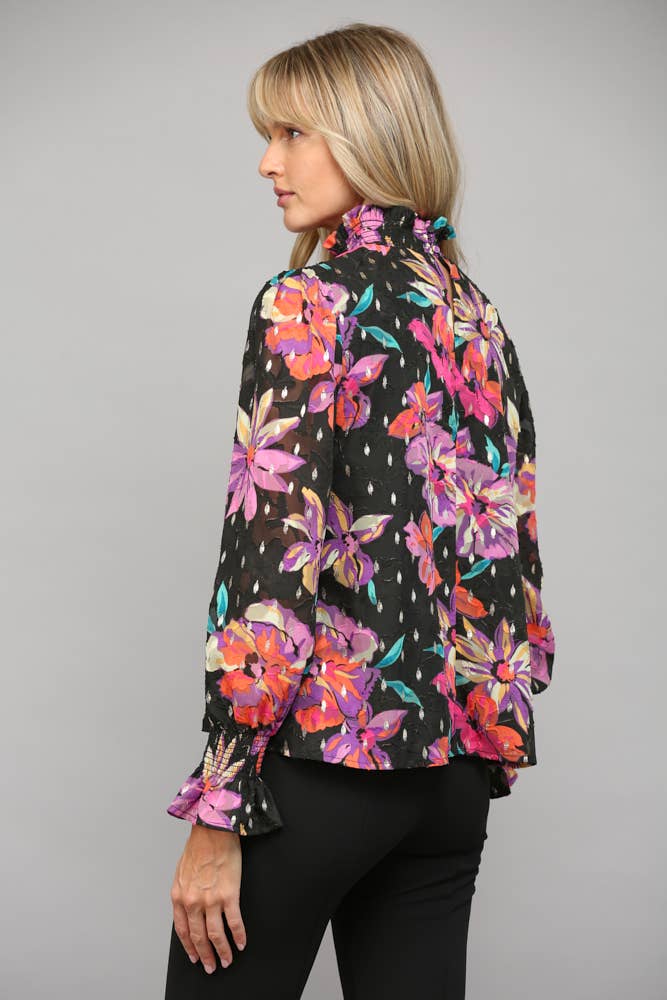 FLORAL PRINT WITH FOIL SMOCKED HIGH NECK BLOUSE FT23040