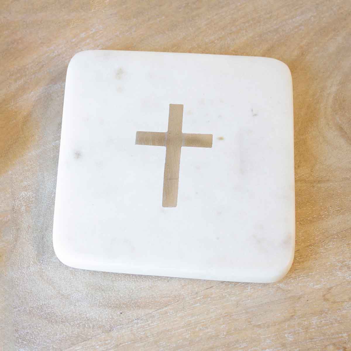 Cross Marble Coasters   White/Brass   4x4 Set of 4