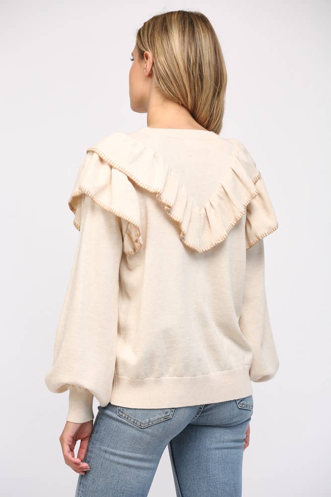 CONTRAST STICHED RUFFLE DETAIL BALLON SLV SWEATER FW12053