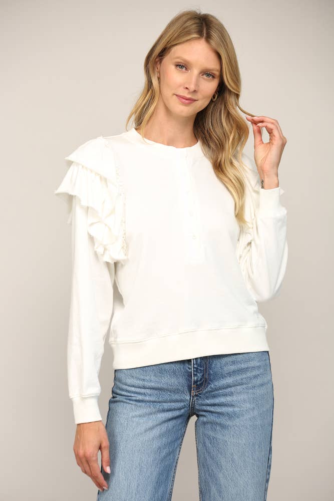 RUFFLE SHOULDER DETAIL WASHED SWEATSHIRT FT21013