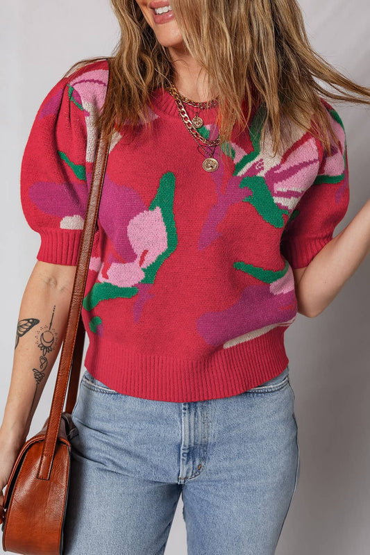 Floral Ribbed Trim Puff Sleeve Sweater | S-XL