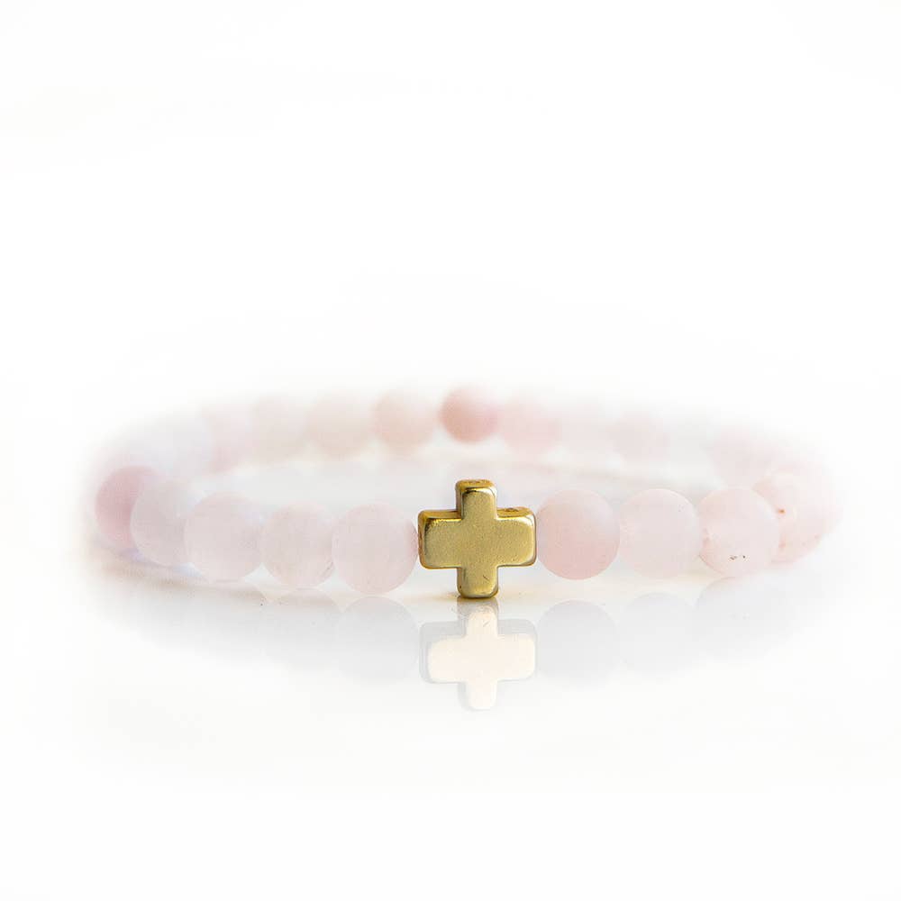 Faith Over Fear Gold Cross Bracelet, 6mm-Rose Quartz Beads