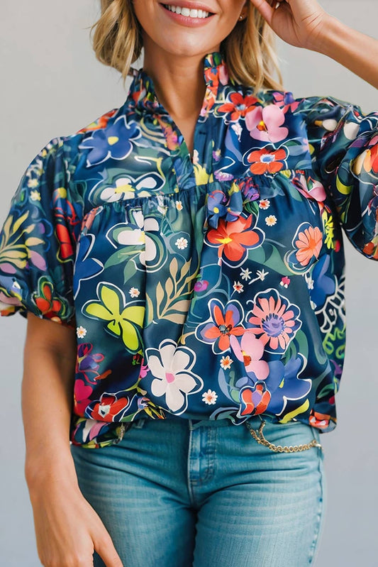 Flower Print Collared Puff Short Sleeve Loose Blouse | S-XL