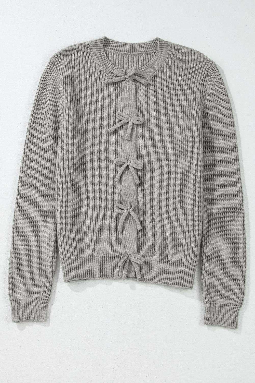 Ribbed Knit Bow Front Buttoned Cardigan | S-XL