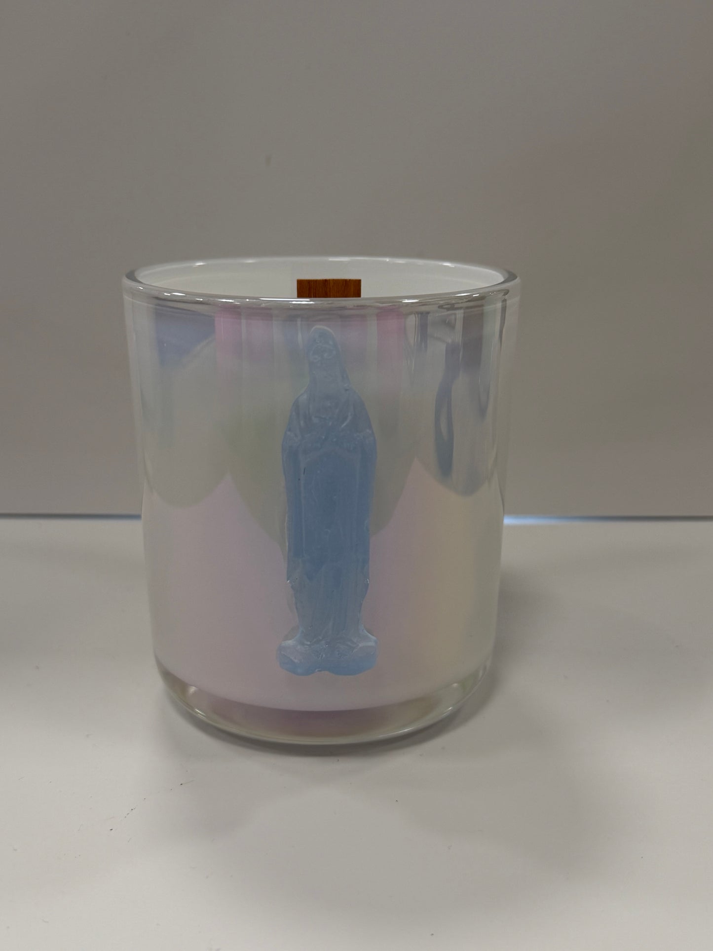Light Blue Mother Mary-Garden District/Bella Luxury Candle/White Iridescent