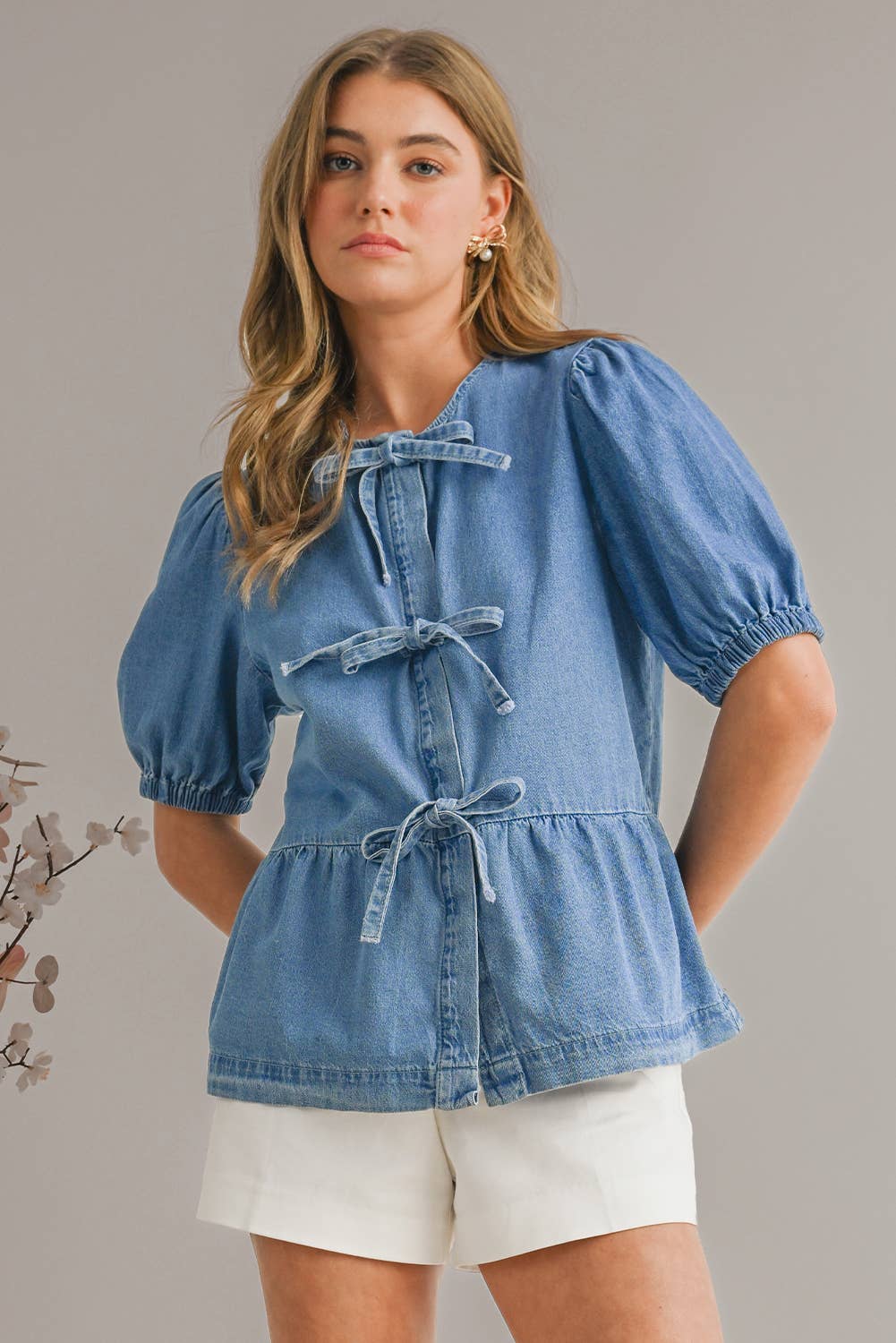 Cute Tied Trim Puff Sleeve Denim Shirt | S-XL