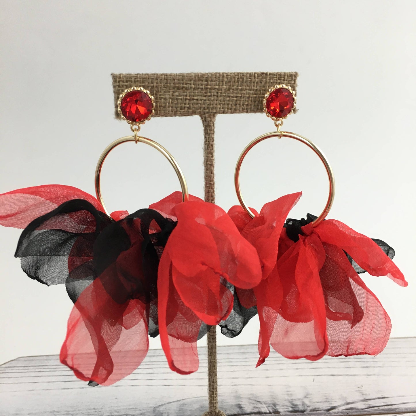 Red and black chiffon hoop earrings