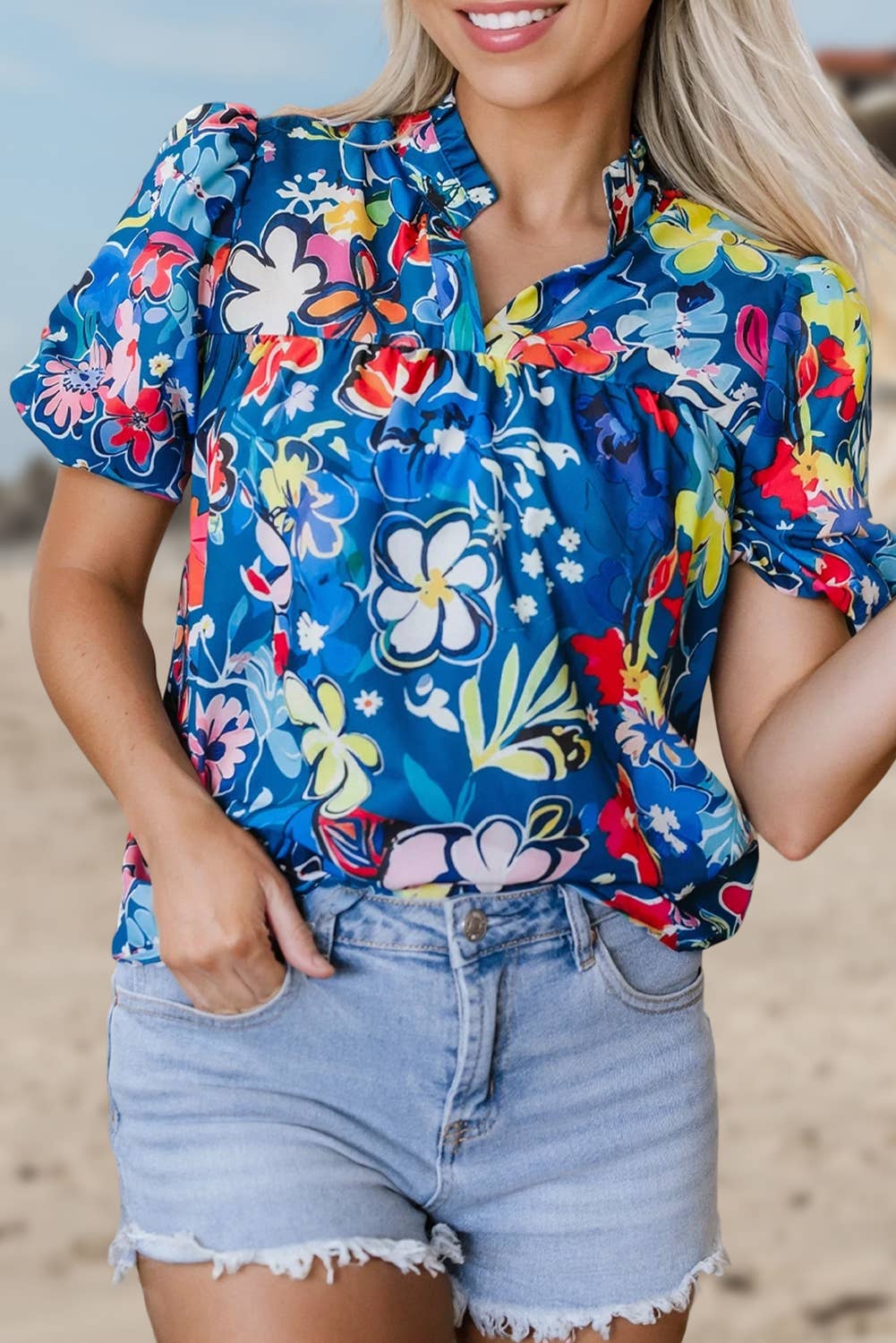 Flower Print Collared Puff Short Sleeve Loose Blouse | S-XL