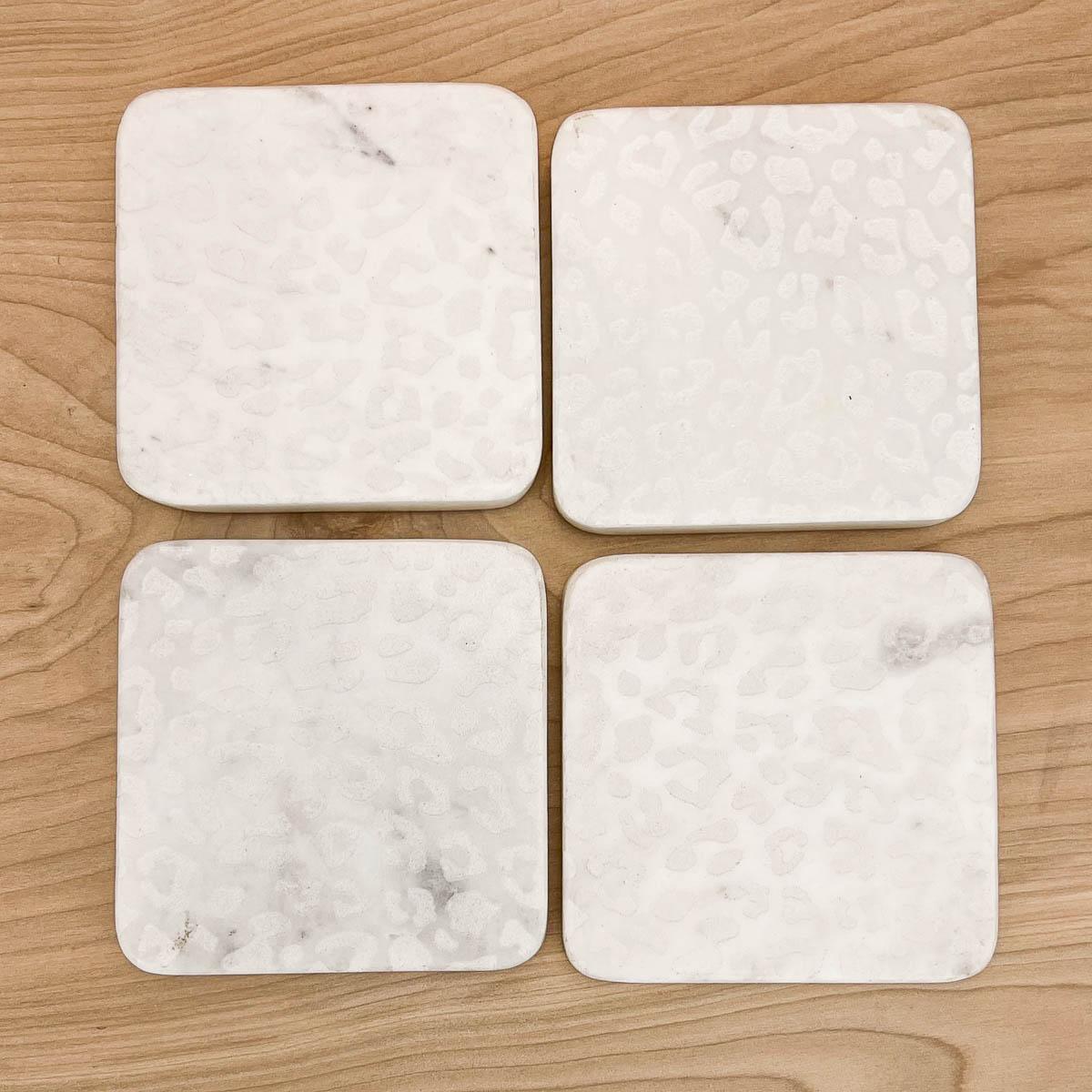 Leopard Etched Marble Coasters   White   4x4