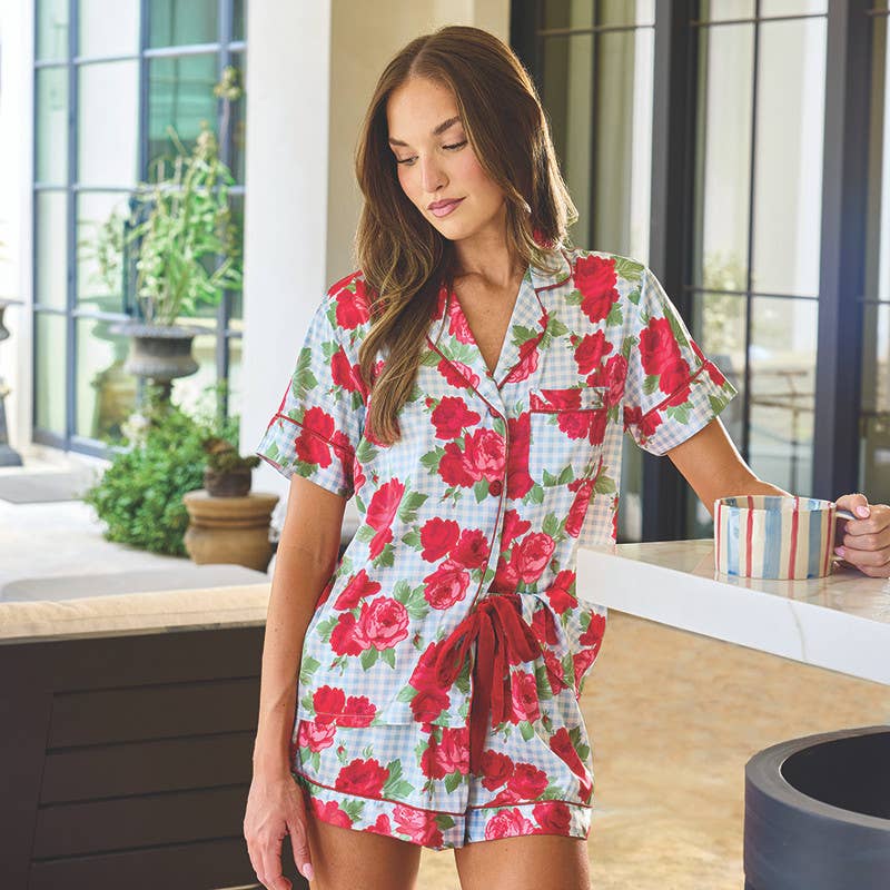 PJ Set with Velvet Tie - Blue Gingham + Red Roses
