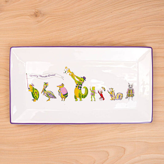 Mardi Gras Band Rectangle Platter   White/Purple/Green/Yellow   12x6.5