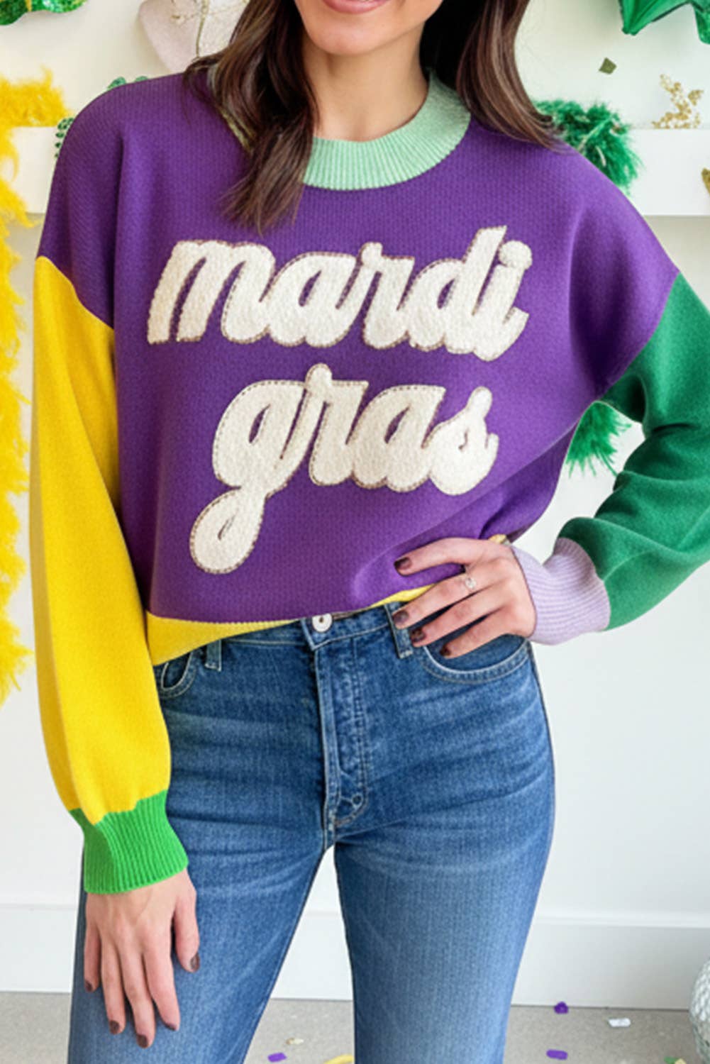 Colorblock Long Sleeve Fuzzy Mardi Gras Sweater | S-XL