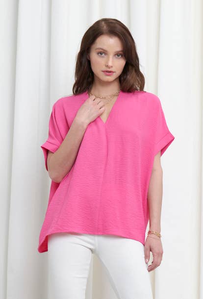 NKT6078B - SOLID DOLMAN SLEEVE V-NECK TOP