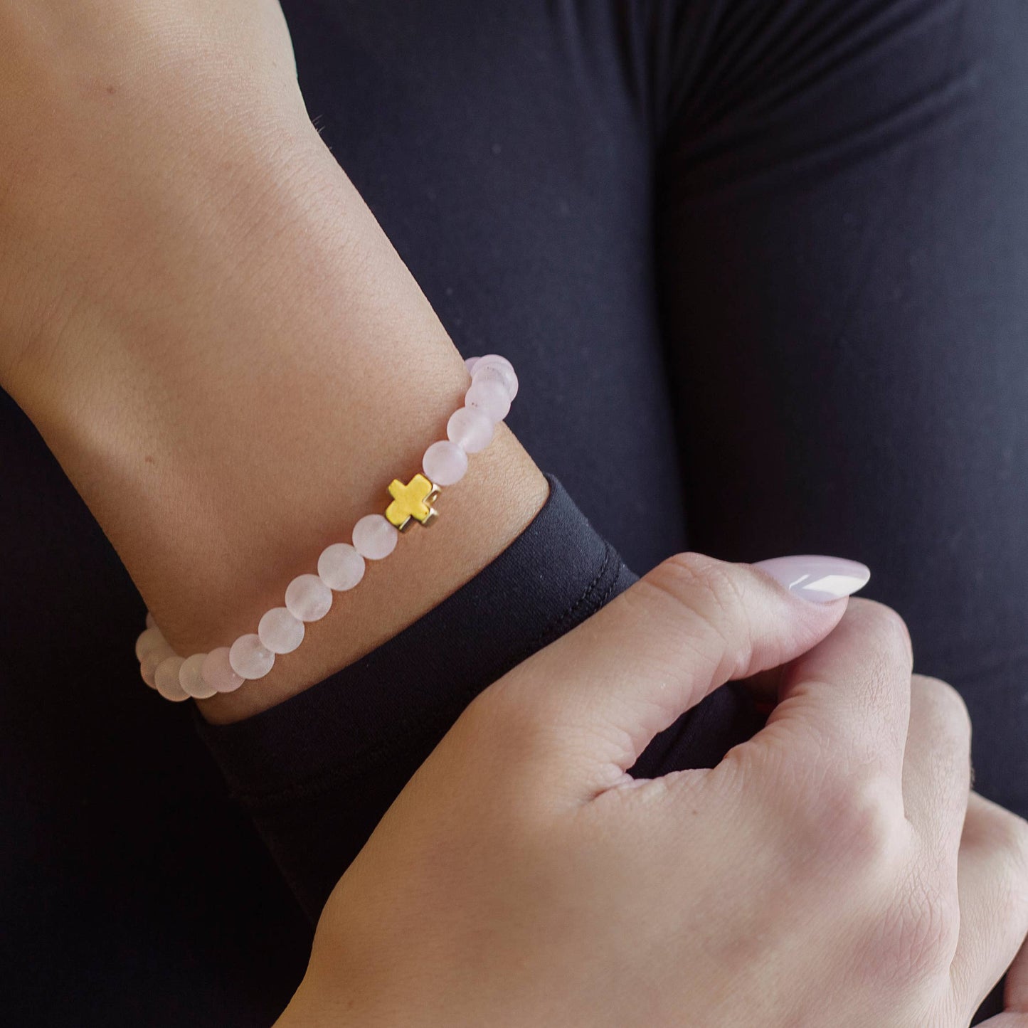Faith Over Fear Gold Cross Bracelet, 6mm-Rose Quartz Beads