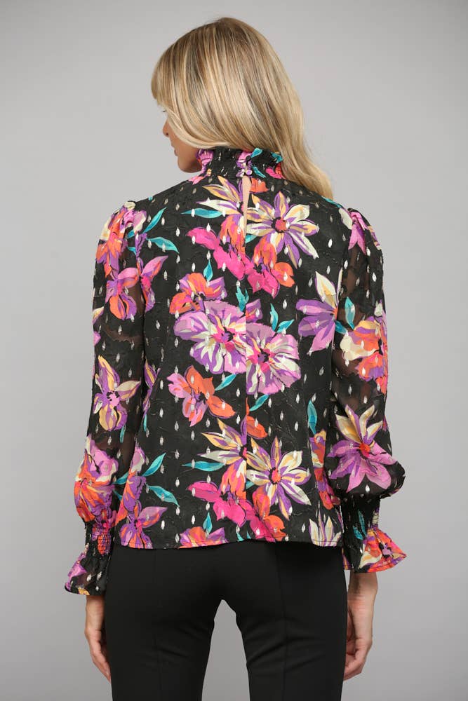 FLORAL PRINT WITH FOIL SMOCKED HIGH NECK BLOUSE FT23040