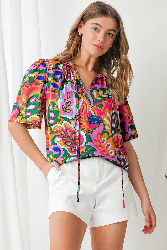 Tropical Print Tie Neck  Puff  Sleeve Blouse | S-XL