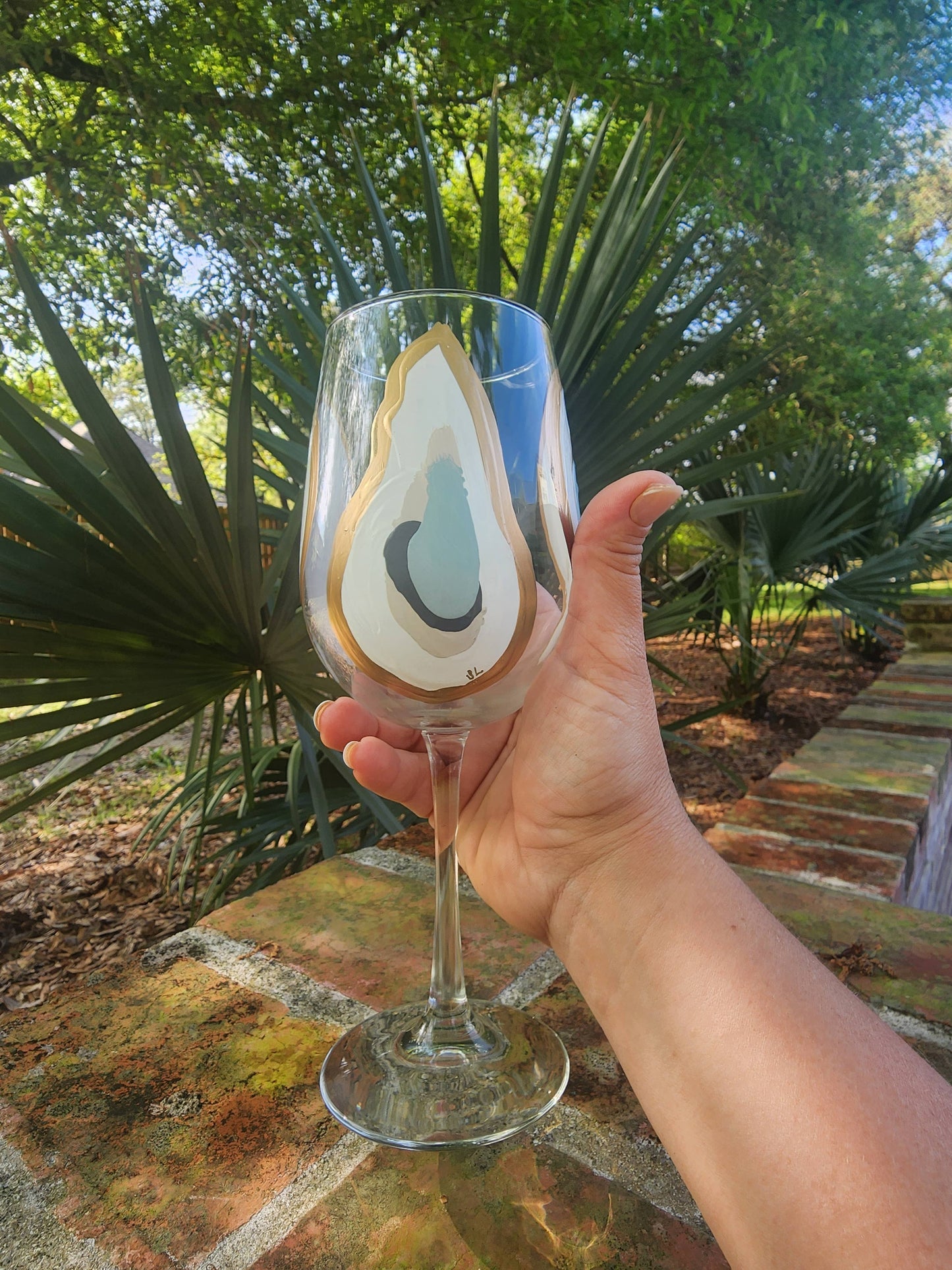 Hand Painted Oyster Tall Wine Glass Stemmed - Beach Sand