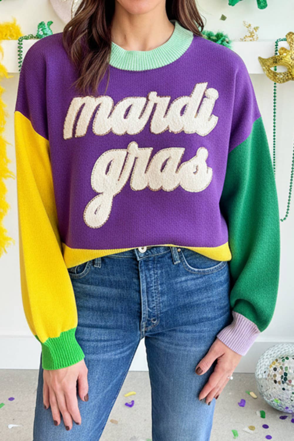 Colorblock Long Sleeve Fuzzy Mardi Gras Sweater | S-XL