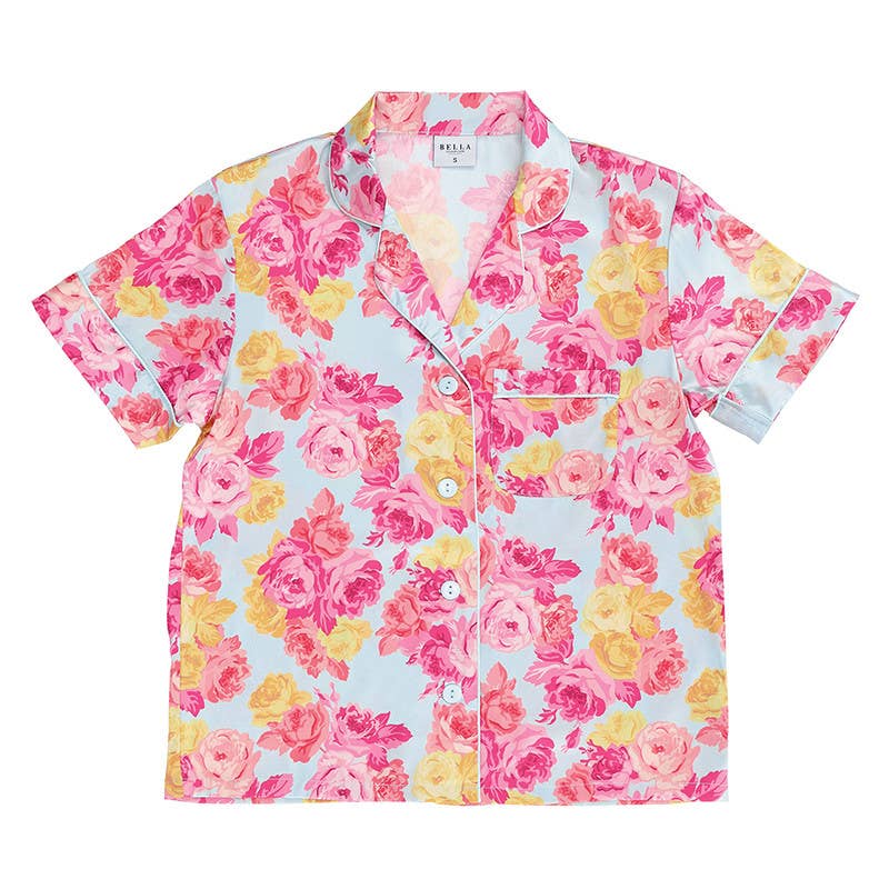 PJ Set with Velvet Tie - Blue + Rose Floral