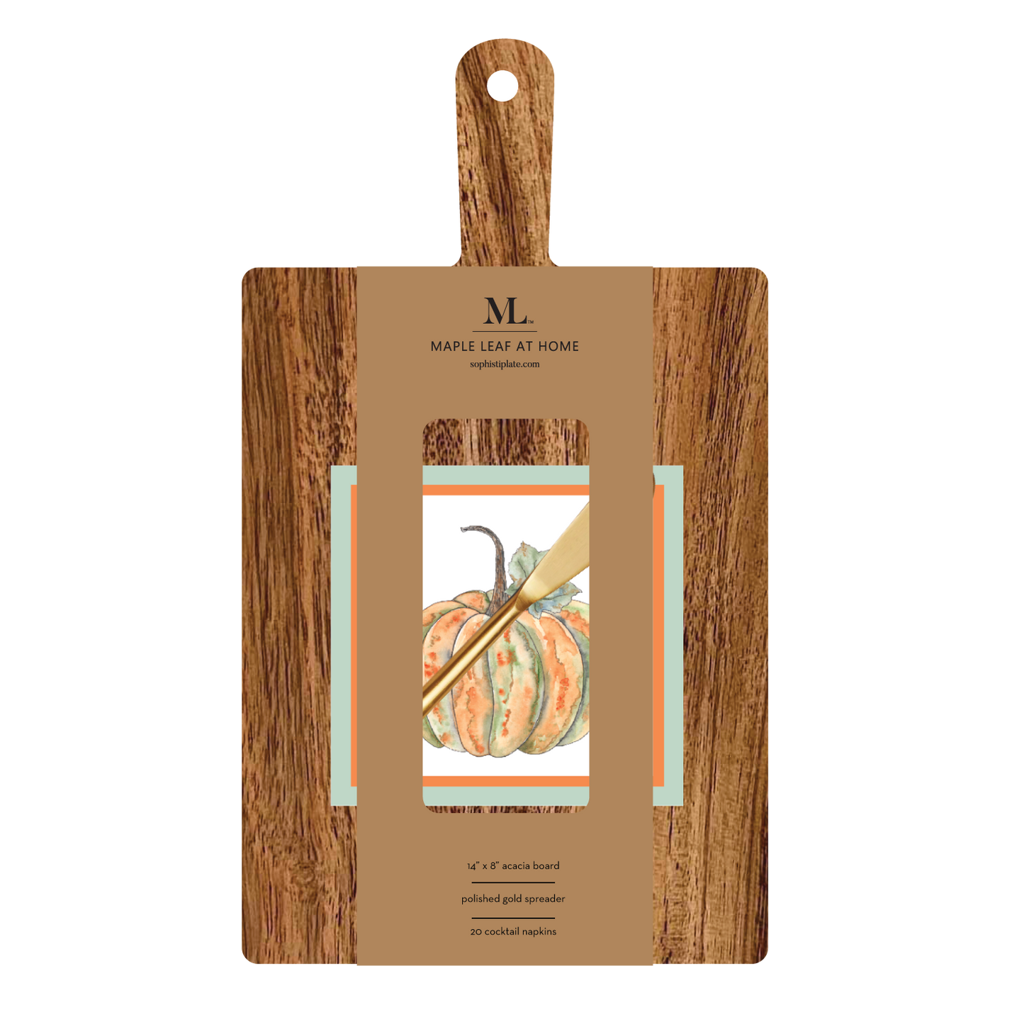 14x8" Acacia Board w/ Handle Gold Spreader, Bright & Thankful Napkin