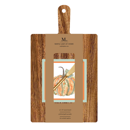 14x8" Acacia Board w/ Handle Gold Spreader, Bright & Thankful Napkin