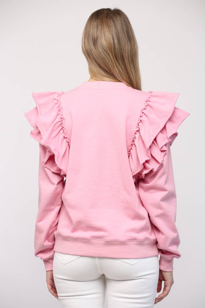 RUFFLE SHOULDER DETAIL WASHED SWEATSHIRT FT21013