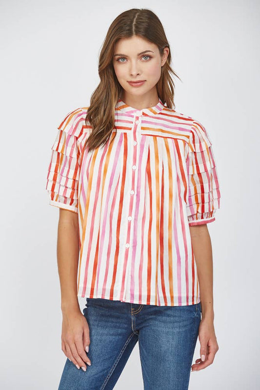 STRIPE COTTON POPLIN TUCK DETAIL PUFF SLV SHIRT FT22203