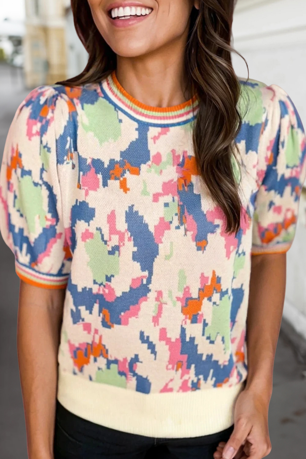 Abstract Print Striped Trim Sweater Top | S-XL