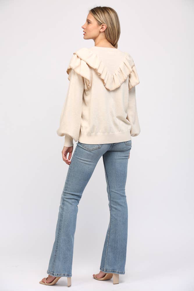 CONTRAST STICHED RUFFLE DETAIL BALLON SLV SWEATER FW12053