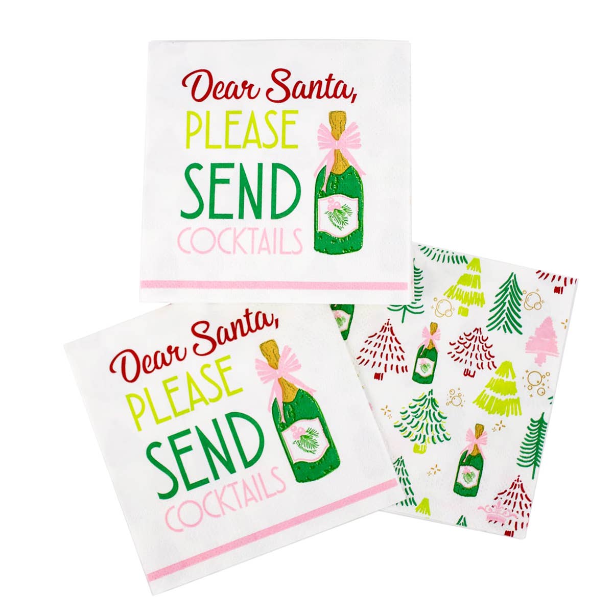 Dear Santa Cocktail Napkins   White/Green/Pink   5"