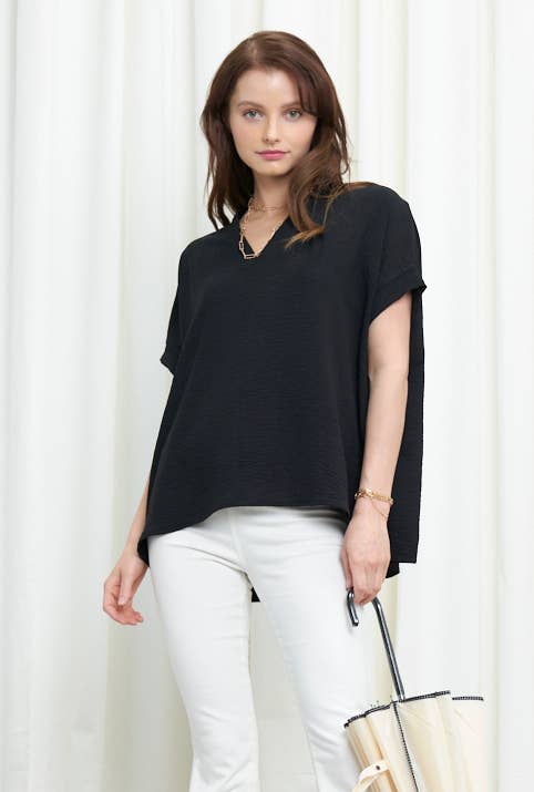 NKT6078B - SOLID DOLMAN SLEEVE V-NECK TOP