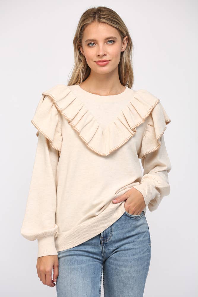 CONTRAST STICHED RUFFLE DETAIL BALLON SLV SWEATER FW12053