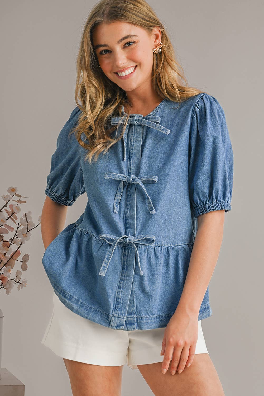 Cute Tied Trim Puff Sleeve Denim Shirt | S-XL