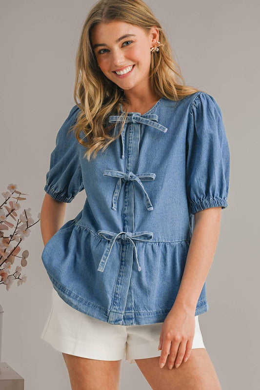 Cute Tied Trim Puff Sleeve Denim Shirt | S-XL