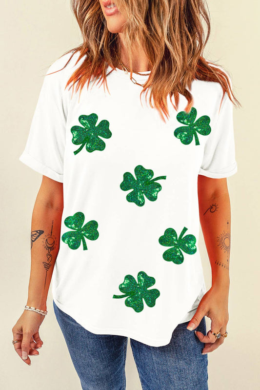 Sequined Green Lucky Clover Graphic T Shirt | S-2XL