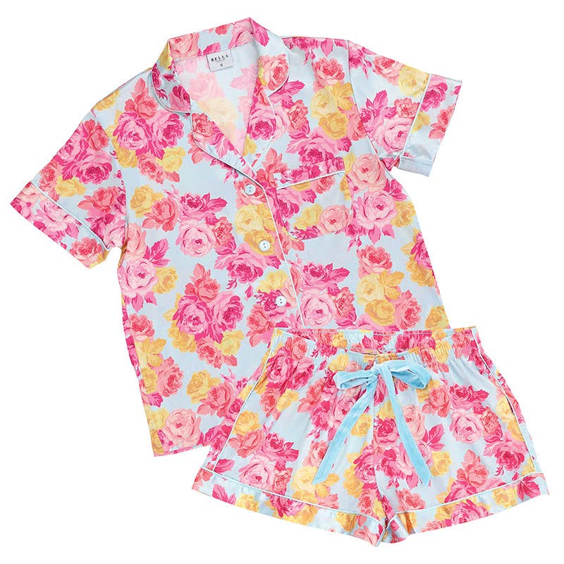 PJ Set with Velvet Tie - Blue + Rose Floral