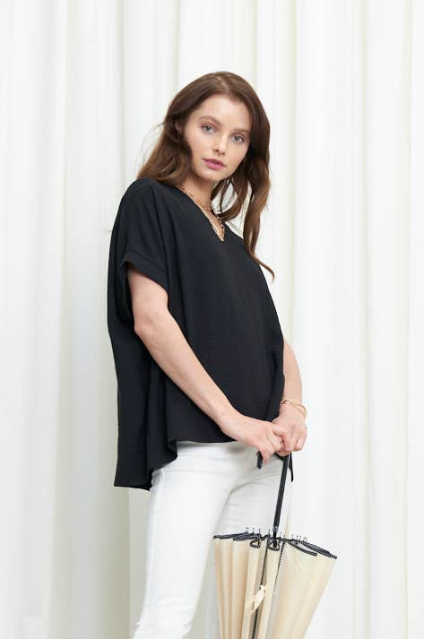 NKT6078B - SOLID DOLMAN SLEEVE V-NECK TOP