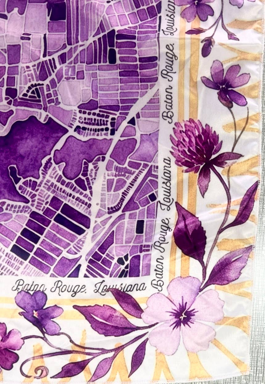 Watercolor Scarf - Baton Rouge Map - Purple & Yellow