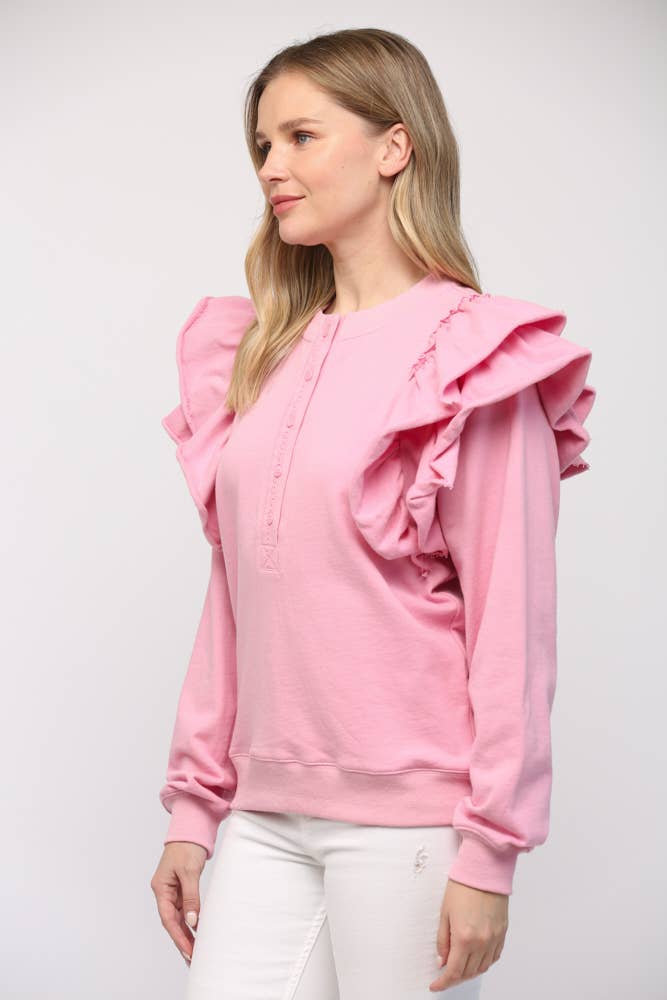 RUFFLE SHOULDER DETAIL WASHED SWEATSHIRT FT21013