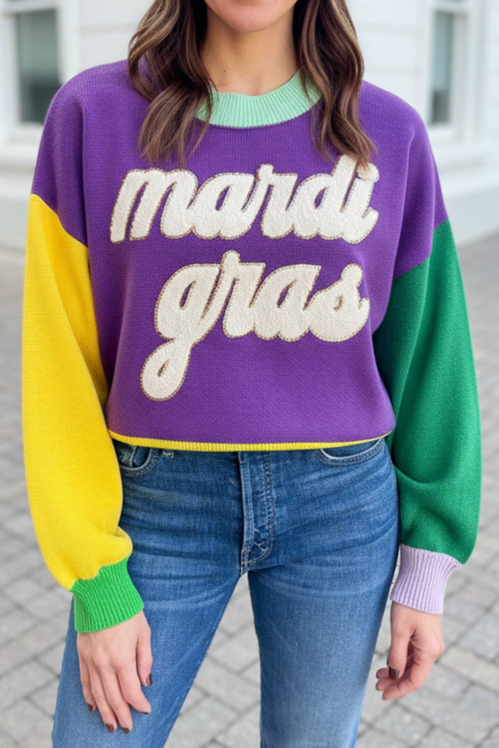 Colorblock Long Sleeve Fuzzy Mardi Gras Sweater | S-XL