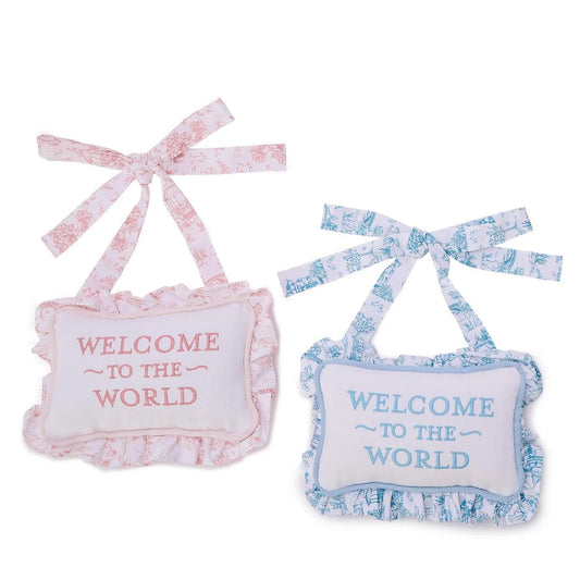 Welcome to the World Embroidered Ruffle Pillow Blue