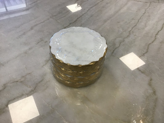 Ferrara Round Marble Coasters   White/Gold   4x4 Set of 4