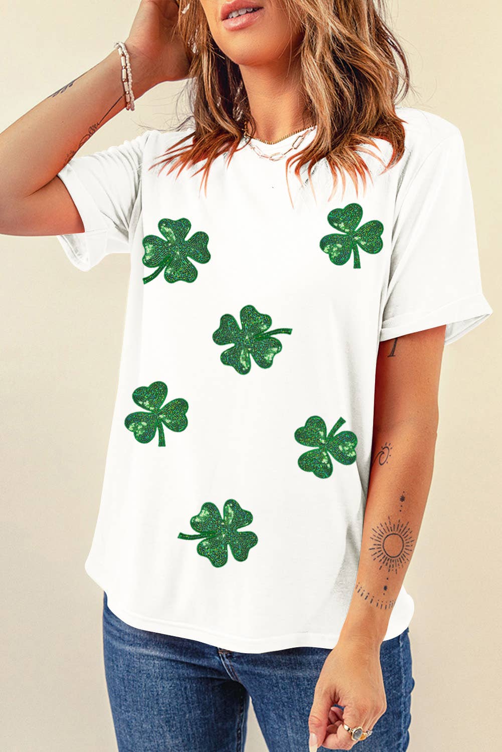 Sequined Green Lucky Clover Graphic T Shirt | S-2XL