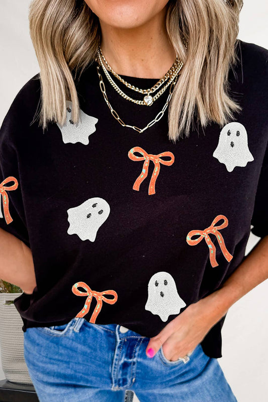 Sequin Bow Ghost Patch Halloween Graphic T-Shirt | S-3XL